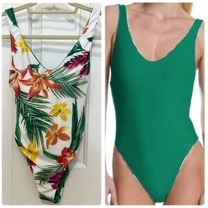 BECCA One Piece Reversible Swimsuit Palm Floral Multi and Solid Green Size Small